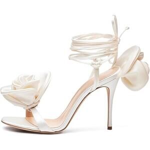 New Iadore Womens Size 10 White Wedding Satin Rose Open Toe 4.5" High Heel Shoes
